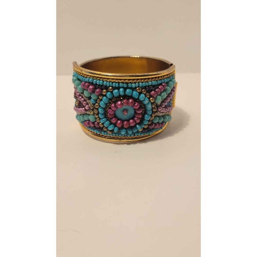Vintage Hinged Turquoise/Purple Beaded Goldtone Cuff Southwestern Boho